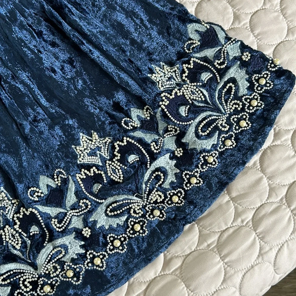 Boston Proper Blue Velvet Tunic Pearl Embroidery See Description - Picture 4 of 8